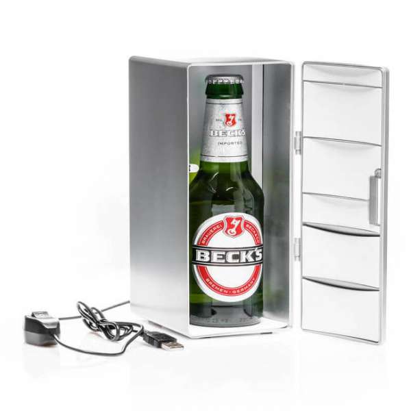 USB Kühlschrank silber mit Bierflasche