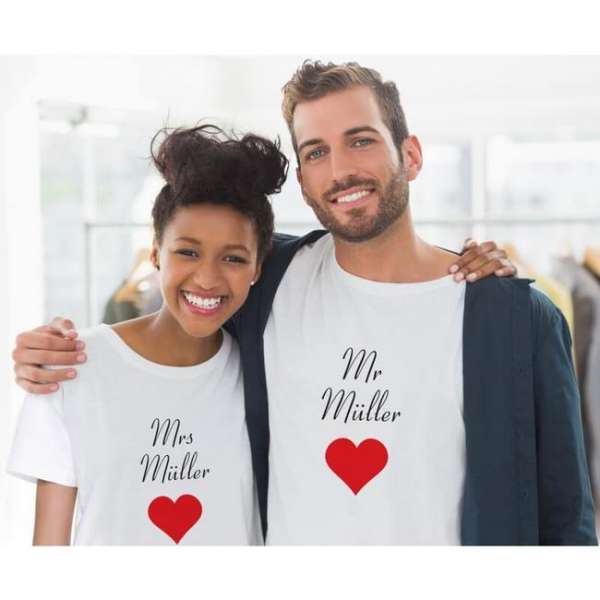 Personalisierbares Partner T-Shirt «Mr. und Mrs.» in weiss