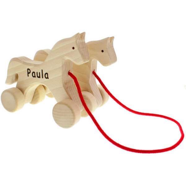 Personalisierbarer Nachziehtier Holzpferd Duo