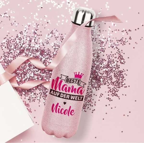 Flasche mit Glitzer Beste Mama auf der Welt in rosa
