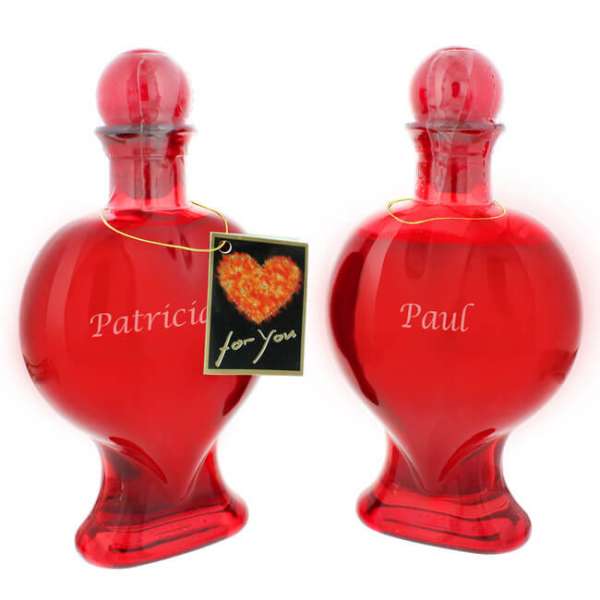 Personalisierbare Herzflaschen-Duo in rot 
